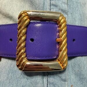 💜 Liz Claiborne Purple Leather Statement Belt – Gold Rope Buckle (Medium)